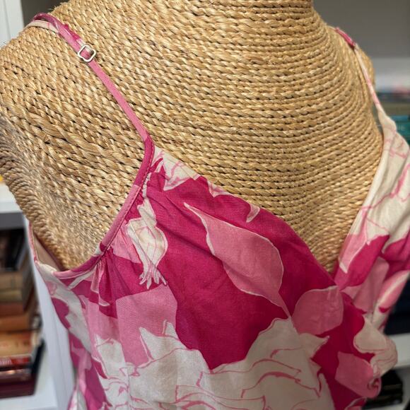 Trina Turk Silk Midi Dress Size 10 Pink White Floral Faux Wrap Adjustable Straps - Picture 7 of 8